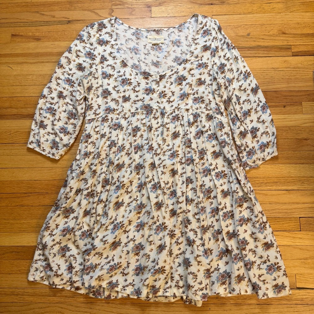 Denim & Supply Ralph Lauren Floral Babydoll Dress Cream Blue Brown Large Pockets